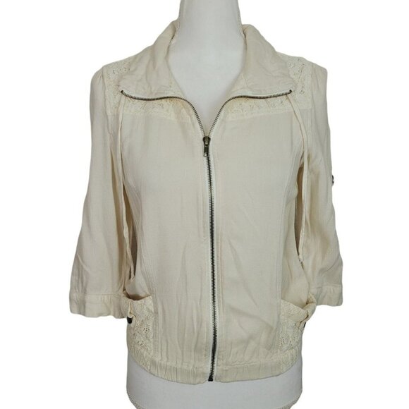 American Rag Sz Small Cream Shacket Lace Detail 3/4 Roll Tab Sleeves Full Zip - Picture 1 of 11